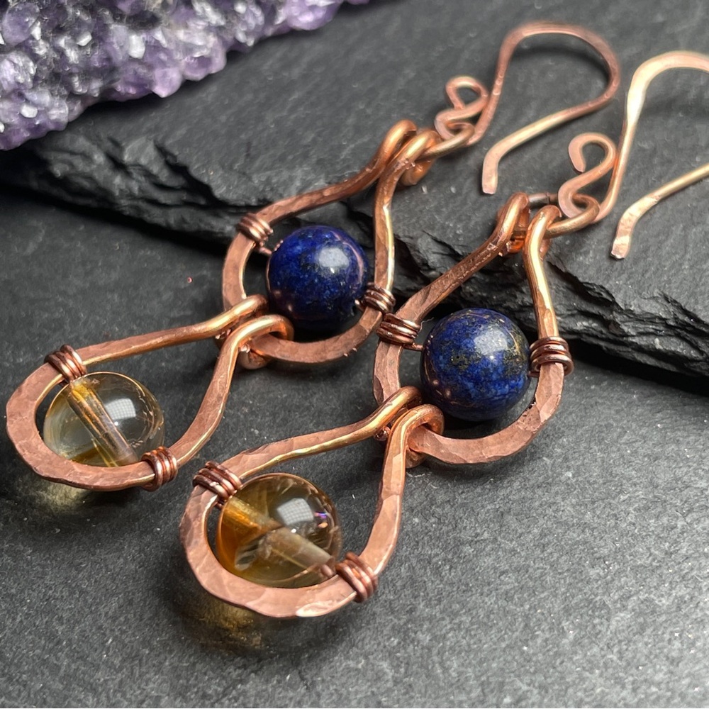 Citrine And and Blue Lapiz Lazuli Gemstone Copper Boho Dangle Artisan Earrings
